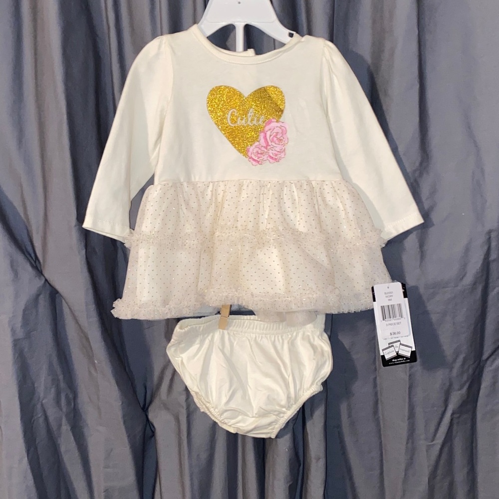 NEW Size 9mo Ivory And Gold baby dress with undies